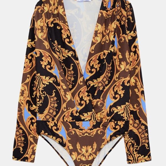 Zara Deep V Elegant Baroque Print Bodysuit - Picture 6 of 16